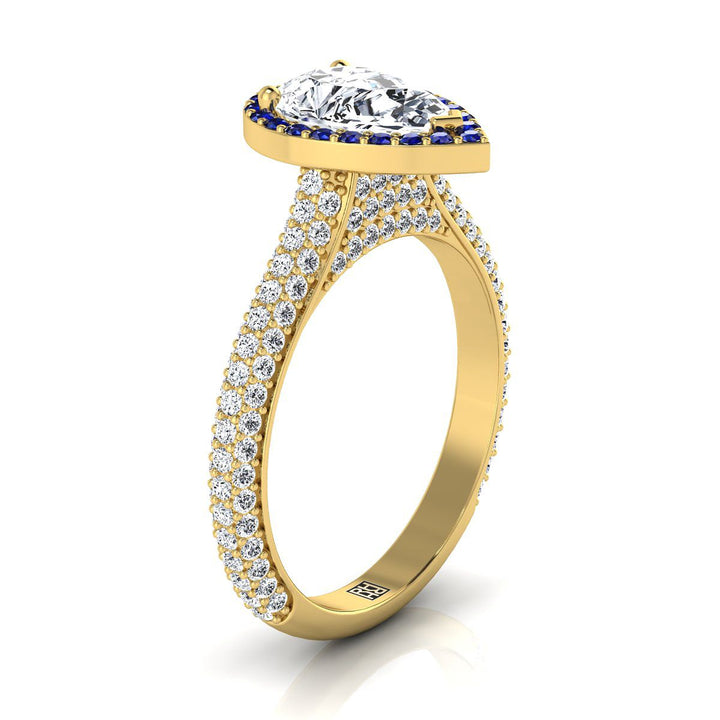 14K Yellow Gold Pear Shape Center  Micro-Pavé Halo With Pave Side Diamond Engagement Ring -7/8ctw