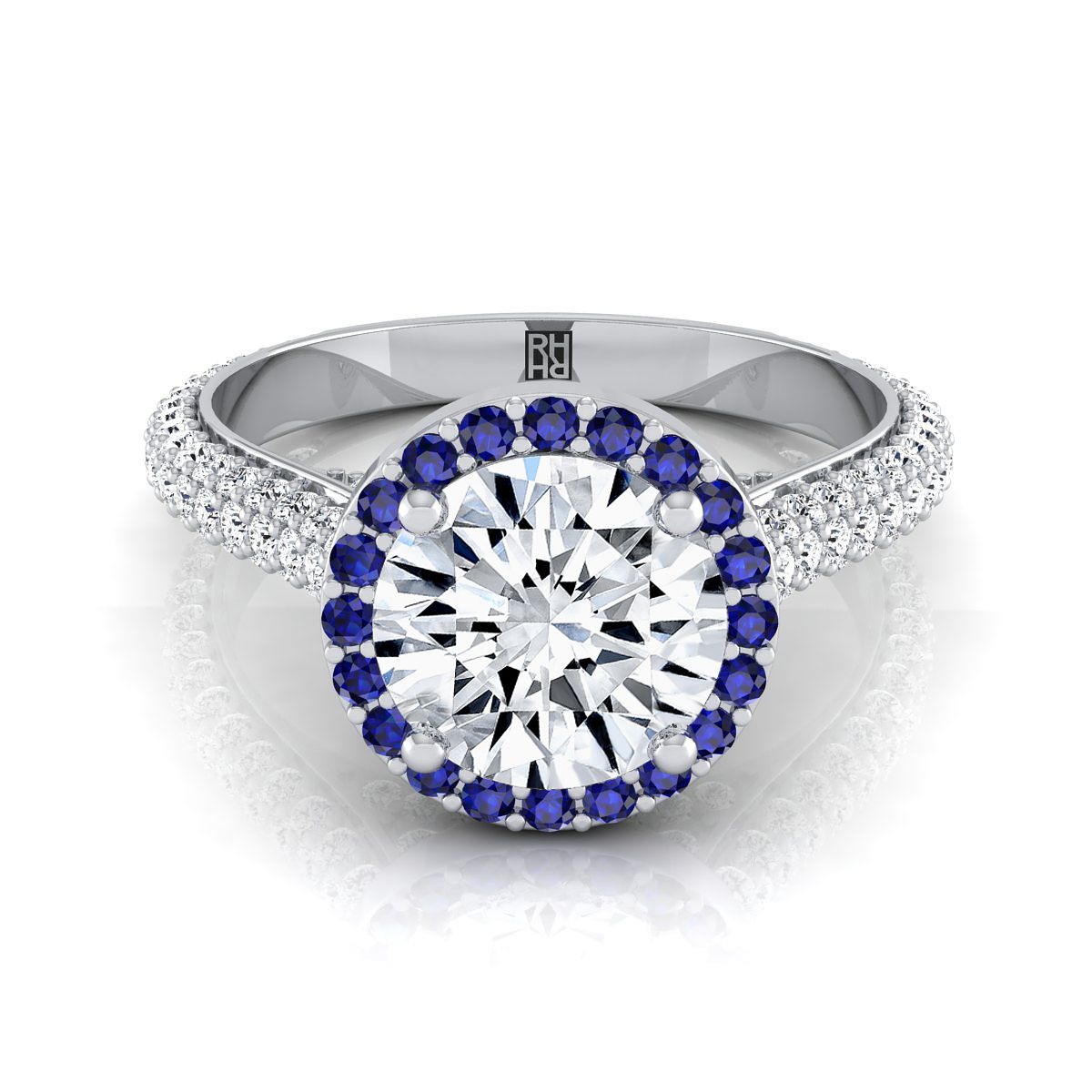 14K White Gold Round Brilliant  Micro-Pavé Halo With Pave Side Diamond Engagement Ring -7/8ctw