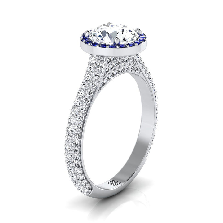 14K White Gold Round Brilliant  Micro-Pavé Halo With Pave Side Diamond Engagement Ring -7/8ctw