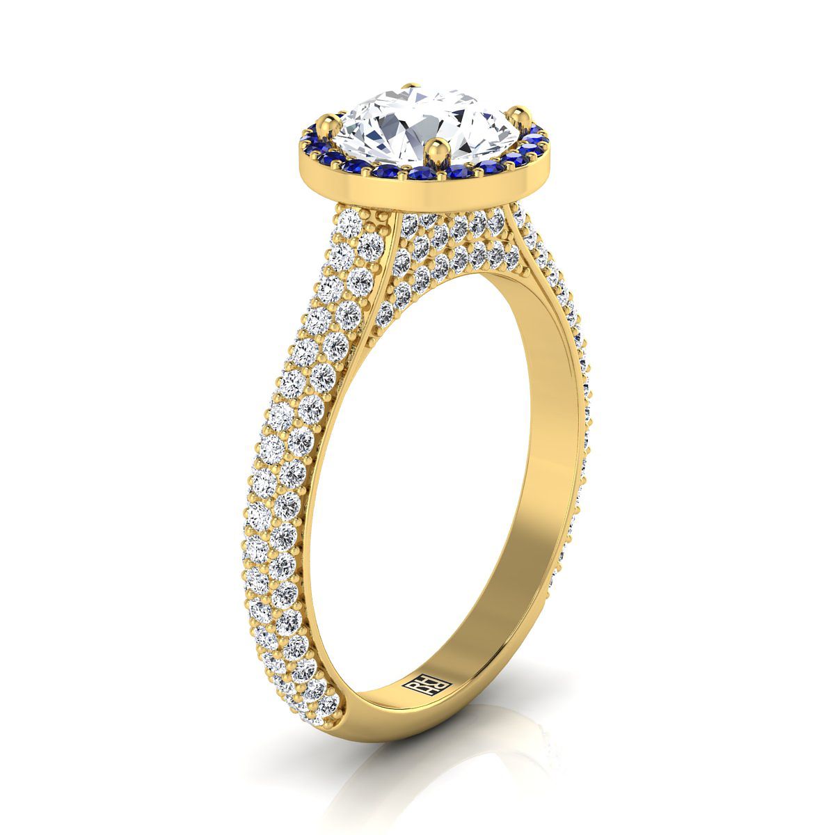 14K Yellow Gold Round Brilliant  Micro-Pavé Halo With Pave Side Diamond Engagement Ring -7/8ctw