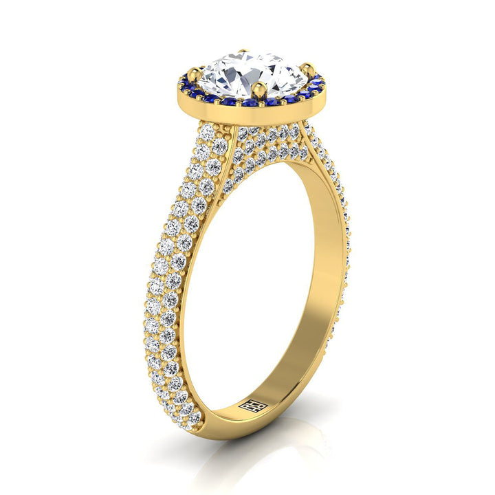 14K Yellow Gold Round Brilliant  Micro-Pavé Halo With Pave Side Diamond Engagement Ring -7/8ctw