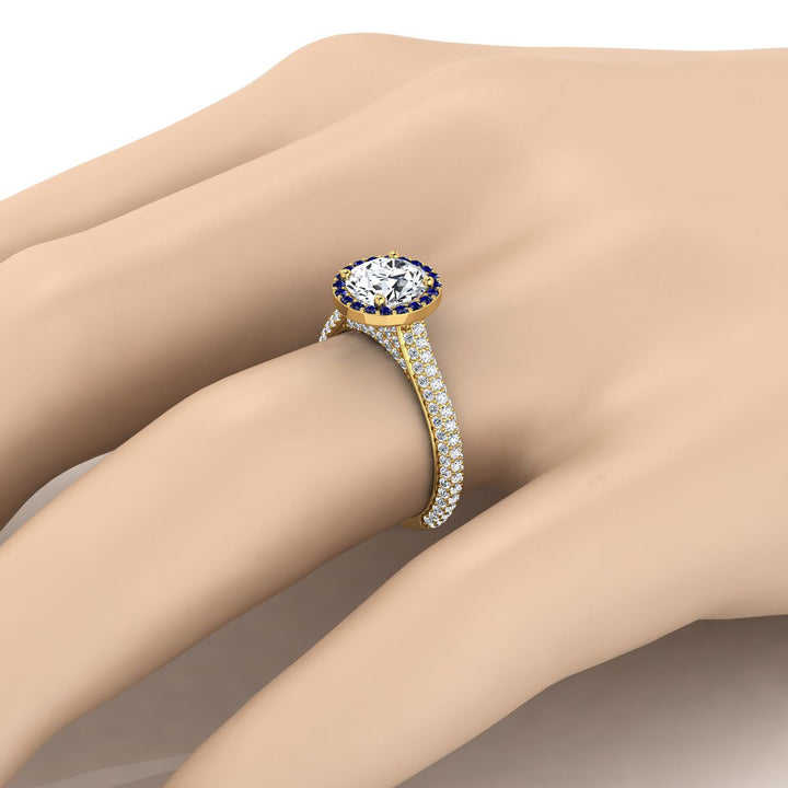 14K Yellow Gold Round Brilliant  Micro-Pavé Halo With Pave Side Diamond Engagement Ring -7/8ctw