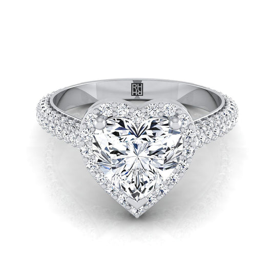Micro-Pavé Triple Row Halo Heart Shape Engagement Ring Setting in 18K White Gold