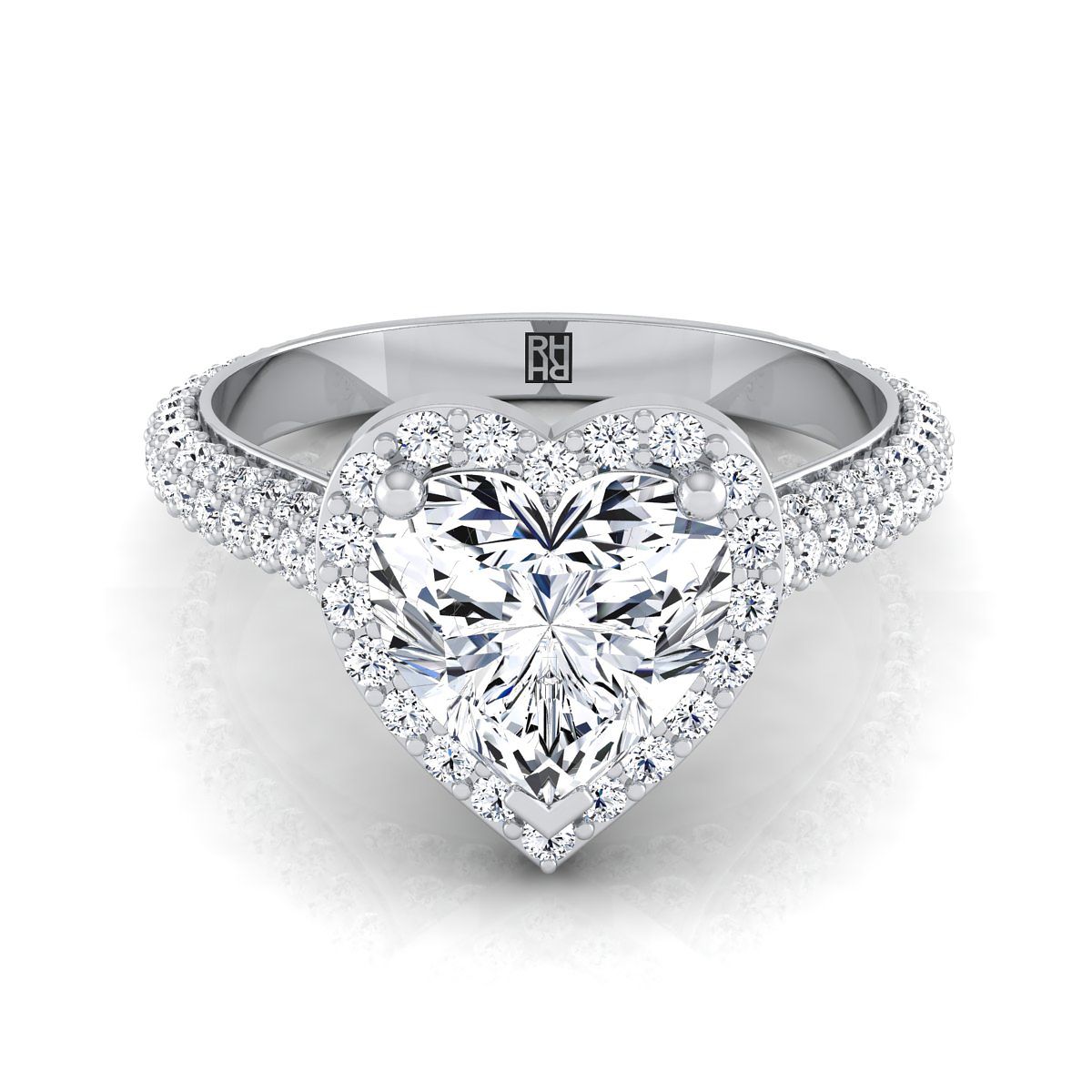 18K White Gold Heart Shape Center Diamond Micro-Pavé Halo Engagement Ring -7/8ctw