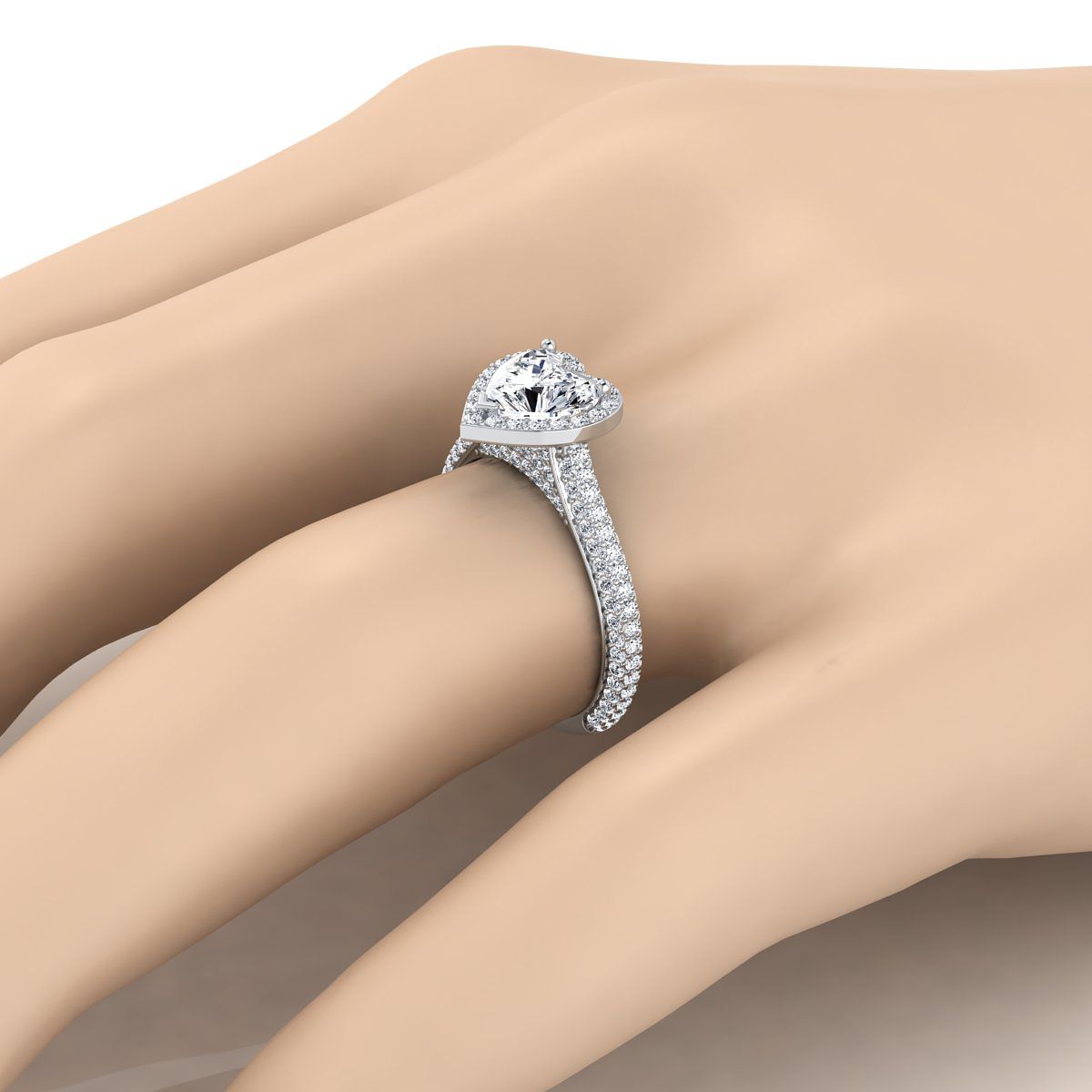 Micro-Pavé Triple Row Halo Heart Shape, in 18K White Gold, pave setting – detail view | RockHer