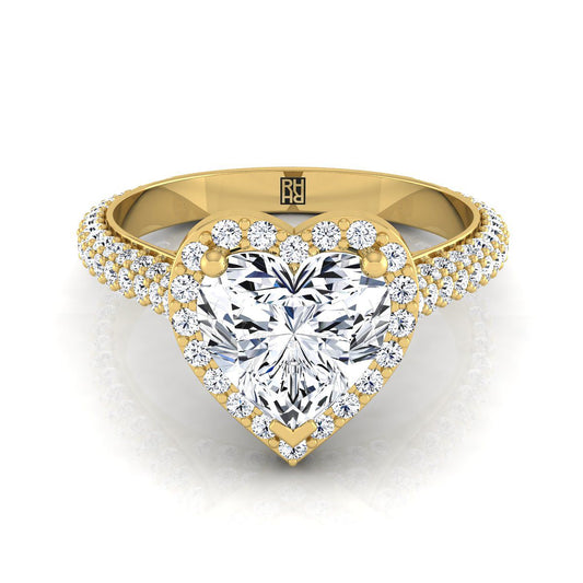 Micro-Pavé Triple Row Halo Heart Shape Engagement Ring Setting in 14K Yellow Gold