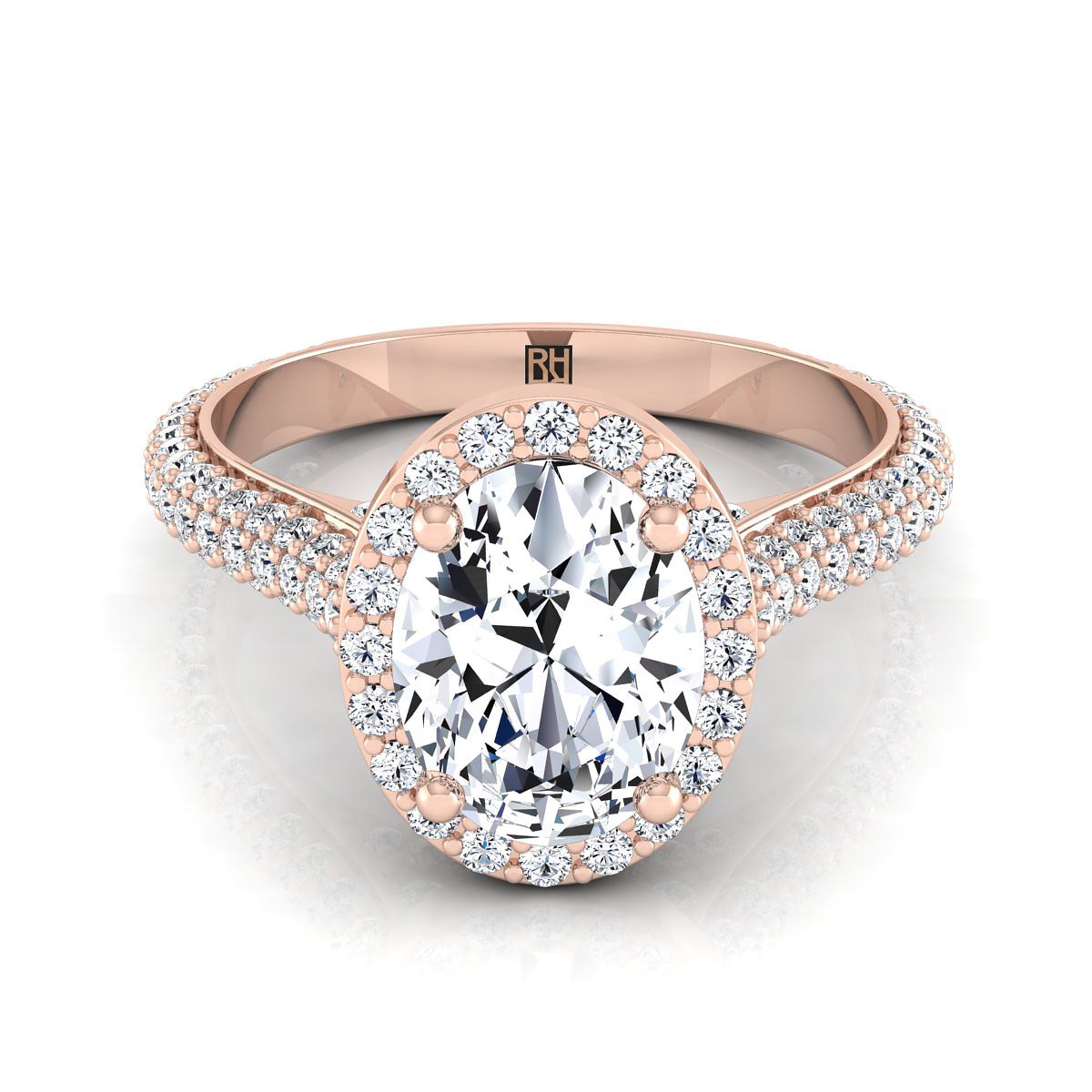 Ella Select micro-pavé triple row halo oval oval ring in 14K Rose Gold — view — RockHer