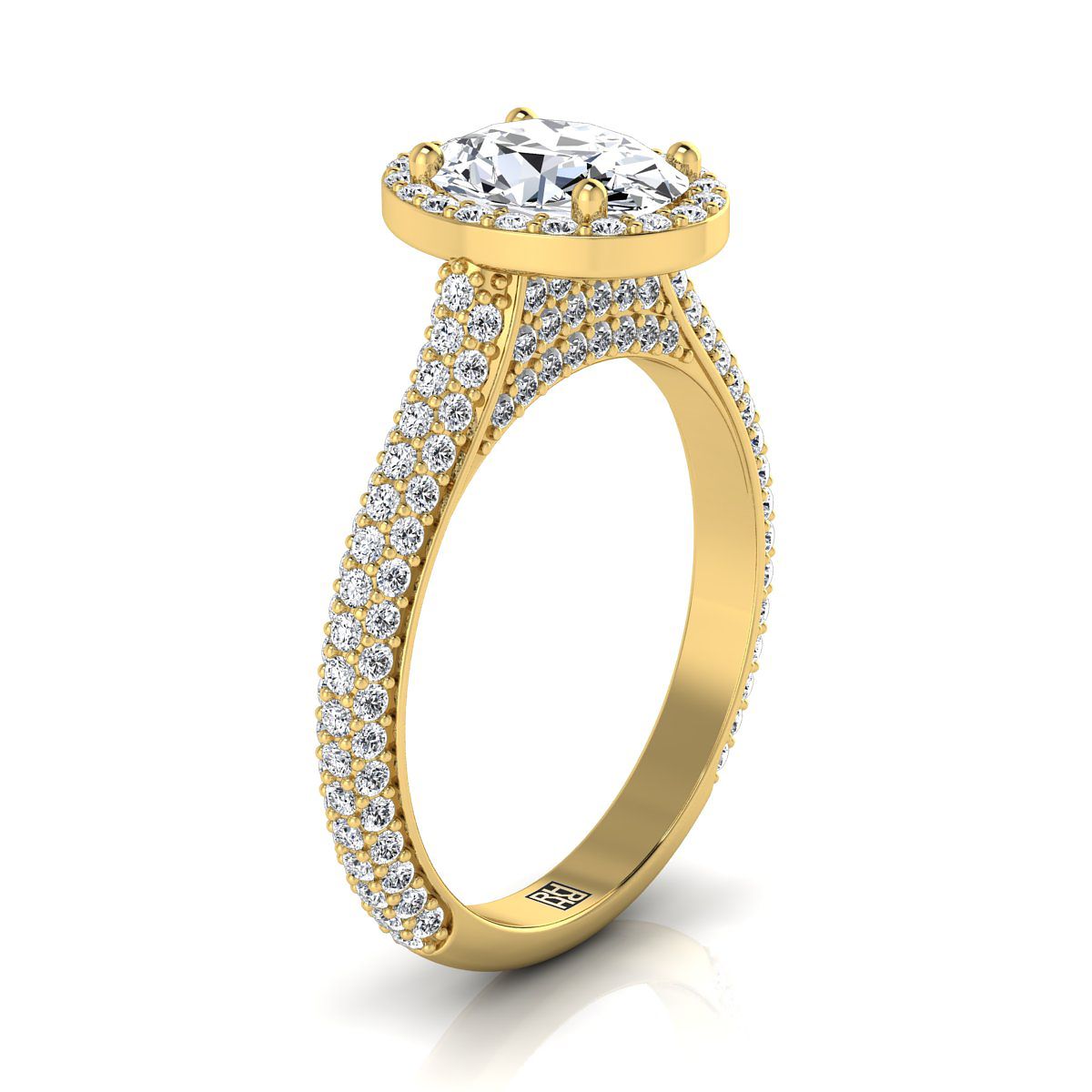 Micro-Pavé Triple Row Halo Oval, in 18K Yellow Gold, pave setting – side profile | RockHer