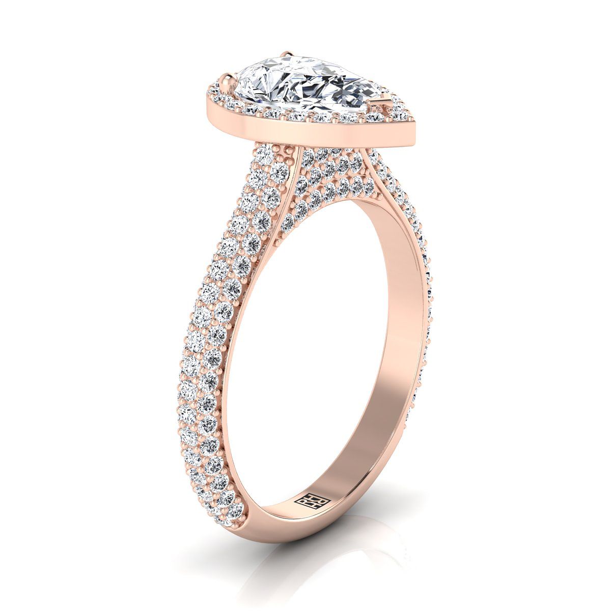 Micro-Pavé Triple Row Halo Pear Shape, in 14K Rose Gold, pave setting – side profile | RockHer