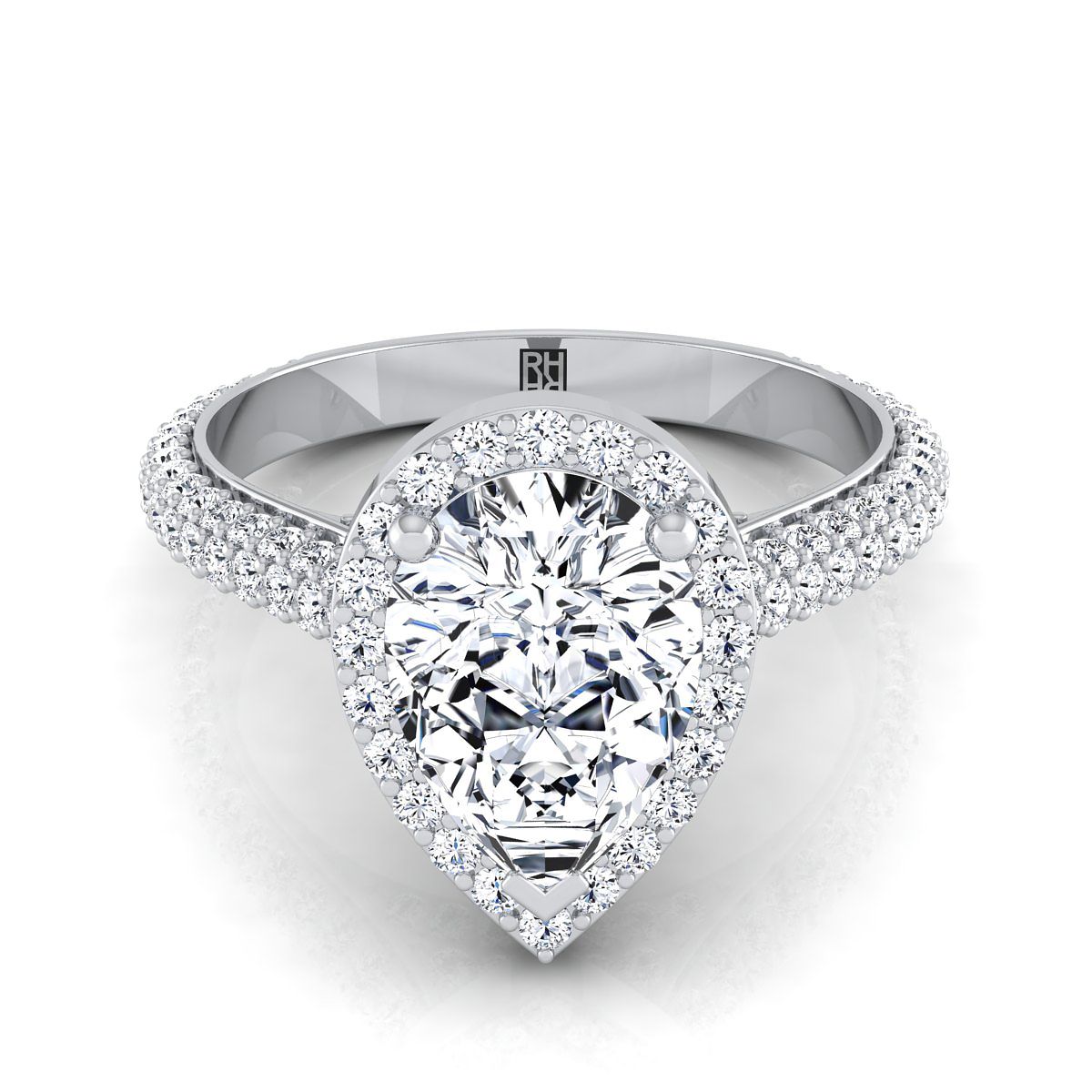 14K White Gold Pear Shape Center Diamond Micro-Pavé Halo Engagement Ring -7/8ctw