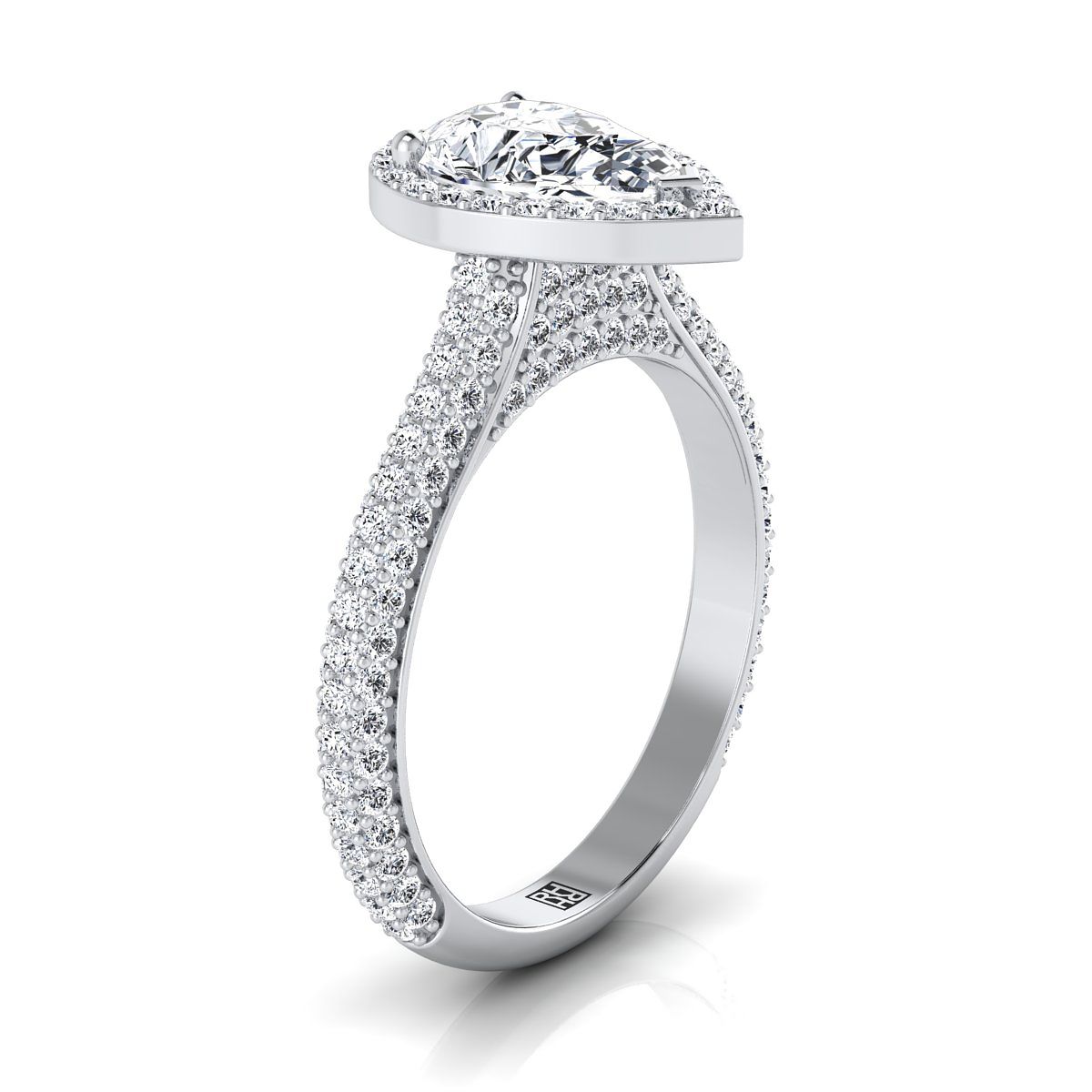 Micro-Pavé Triple Row Halo Pear Shape, in Platinum, pave setting – side profile | RockHer