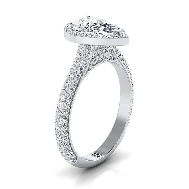 14K White Gold Pear Shape Center Diamond Micro-Pavé Halo Engagement Ring -7/8ctw