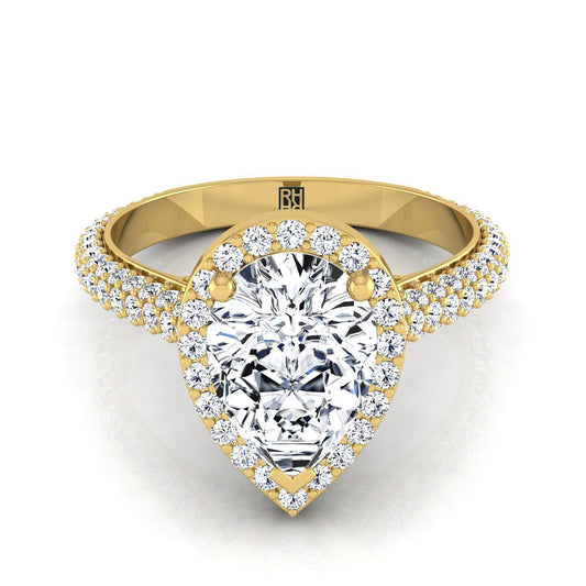Micro-Pavé Triple Row Halo Pear Shape, in 18K Yellow Gold, pave setting | RockHer