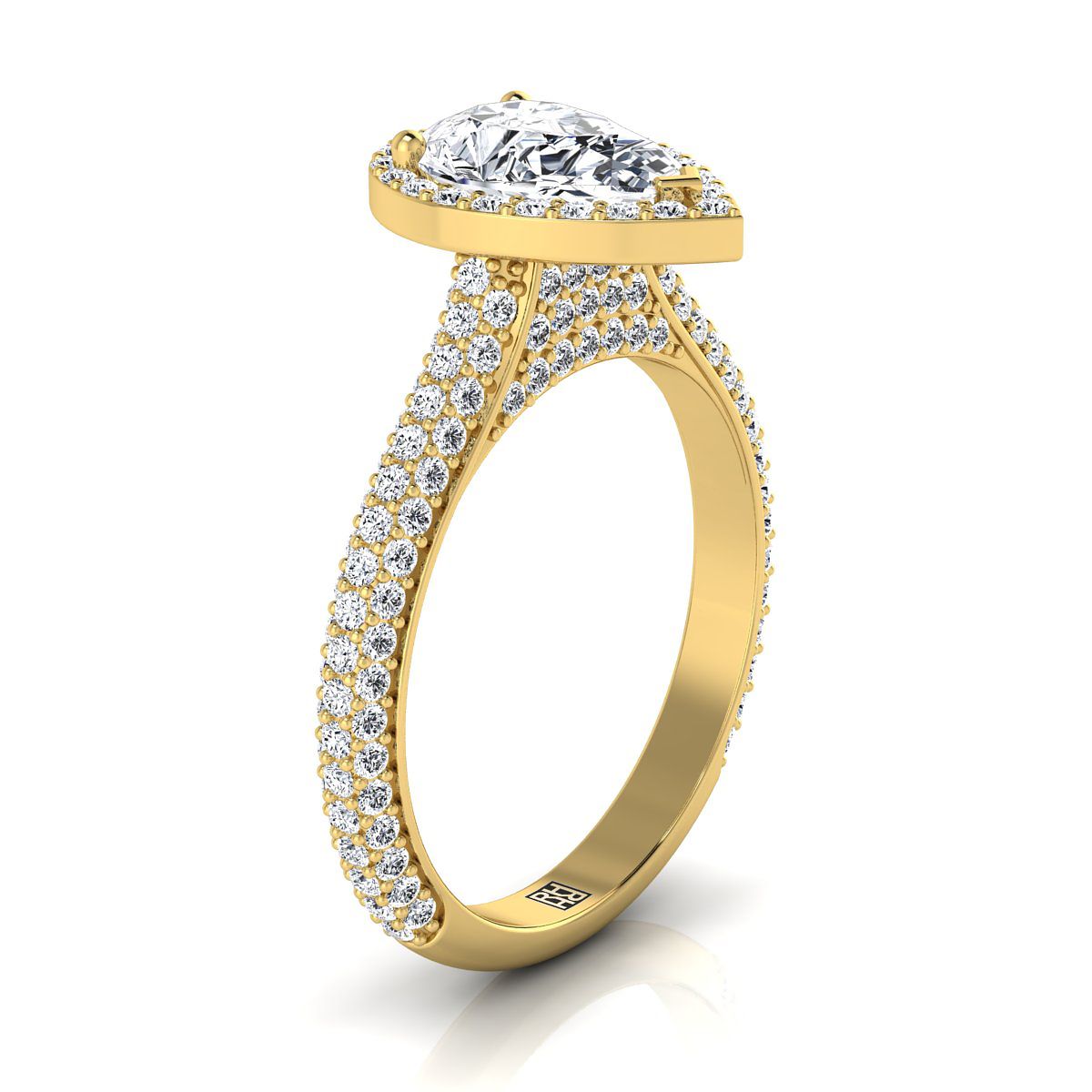 Micro-Pavé Triple Row Halo Pear Shape, in 18K Yellow Gold, pave setting – side profile | RockHer