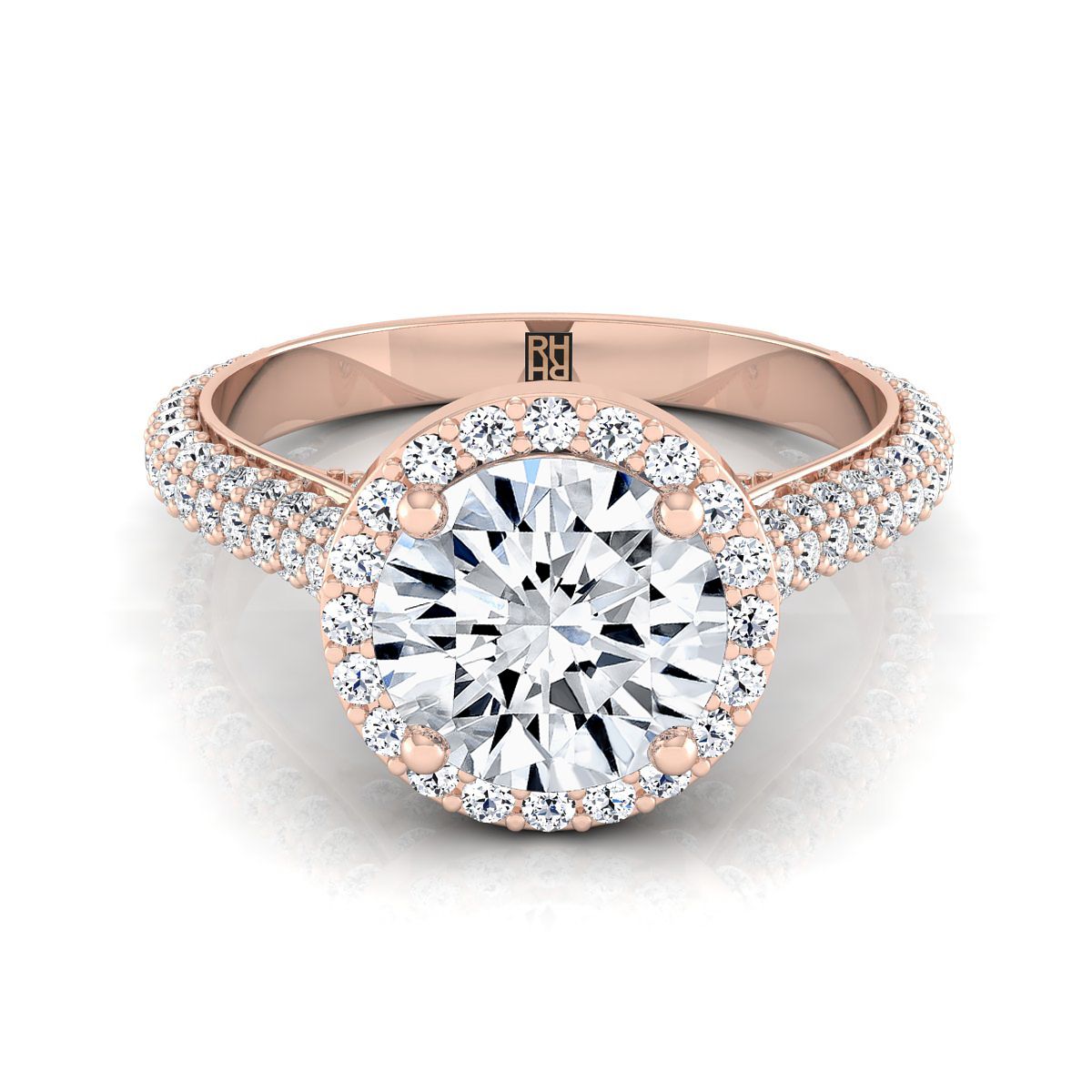 Round Brilliant, Micro-Pavé Triple Row Halo, in 14K Rose Gold, pave setting | RockHer