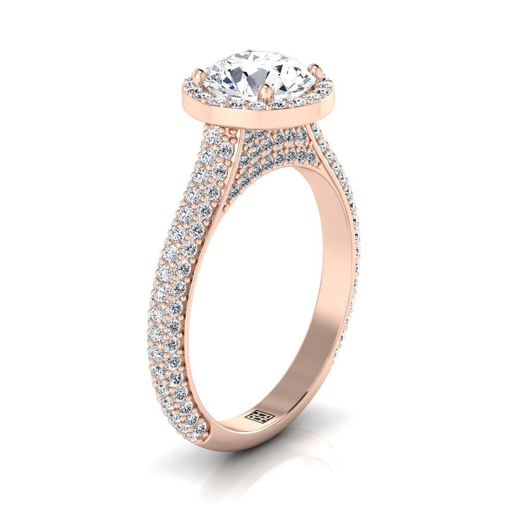 Round Brilliant, Micro-Pavé Triple Row Halo, in 14K Rose Gold, pave setting – side profile | RockHer