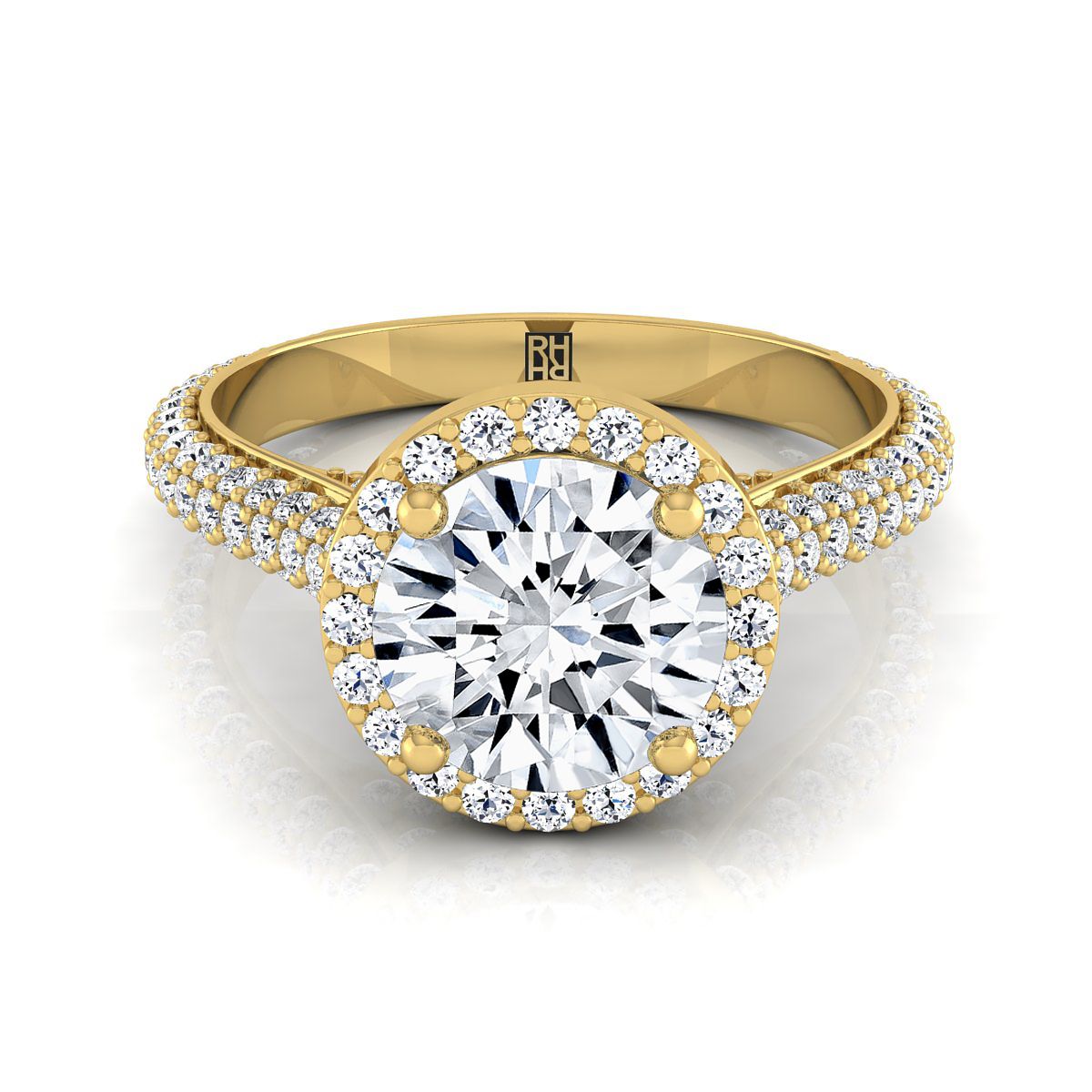 Round Brilliant, Micro-Pavé Triple Row Halo, in 18K Yellow Gold, pave setting | RockHer