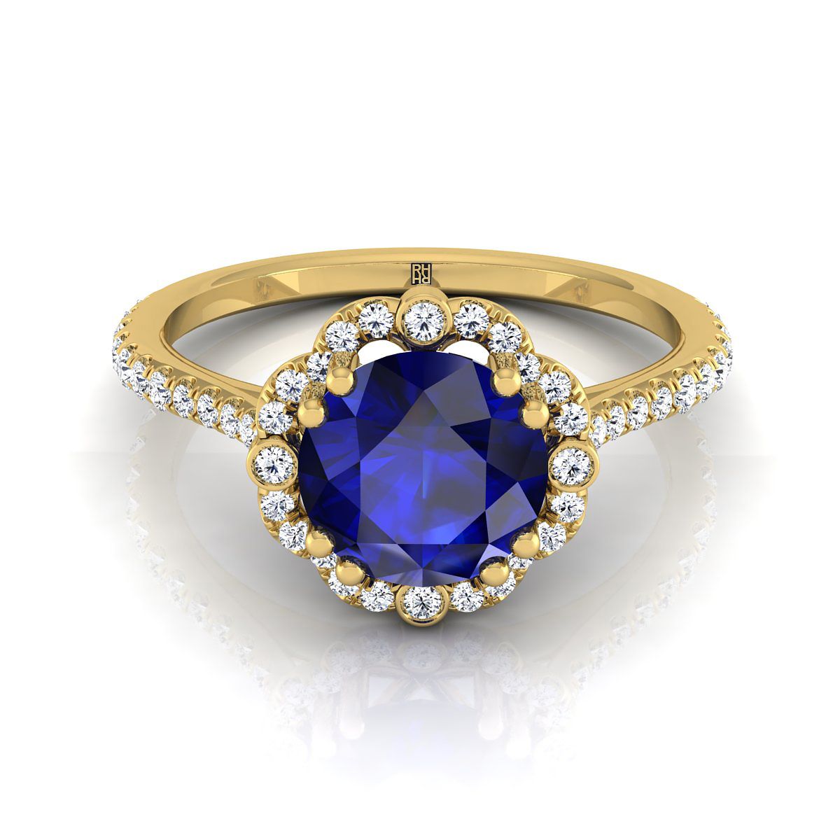 แหวนหมั้นแบบวินเทจประดับไพลินทรงกลมเจียระไนแบบบริลเลียนต์สีเหลืองทอง 14K พร้อมฮาโลว์เพชรประดับลวดลายสวยงาม - 1/4ctw