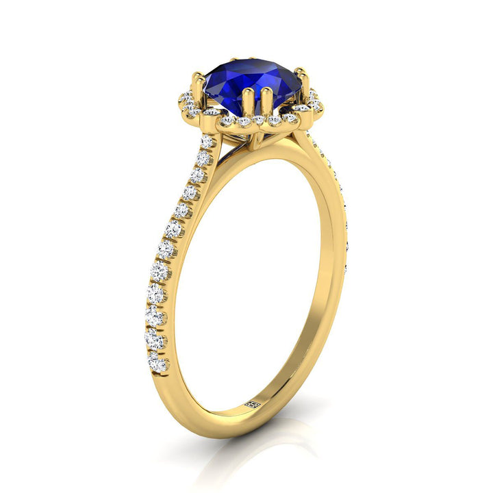 แหวนหมั้นแบบวินเทจประดับไพลินทรงกลมเจียระไนแบบบริลเลียนต์สีเหลืองทอง 14K พร้อมฮาโลว์เพชรประดับลวดลายสวยงาม - 1/4ctw