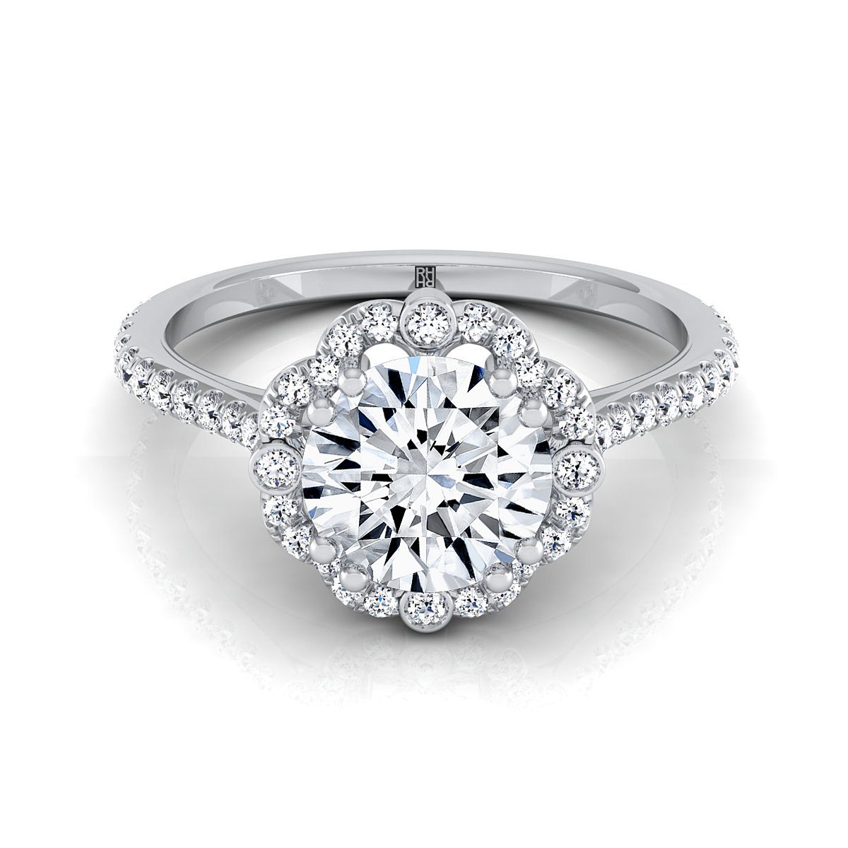 Round Brilliant, Vintage Scalloped Halo, in Platinum, pave setting – view 8 | RockHer