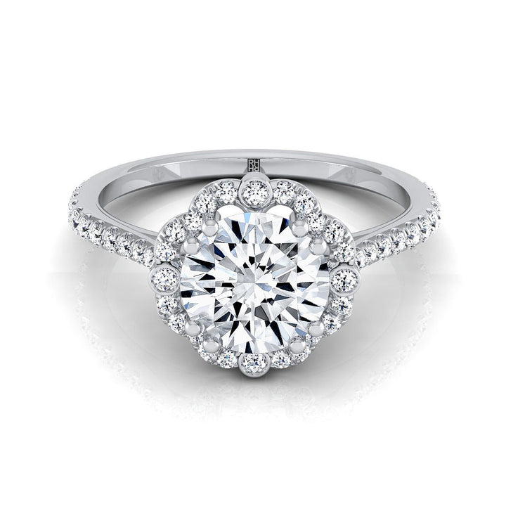 Round Brilliant, Vintage Scalloped Halo, in Platinum, pave setting – view 8 | RockHer