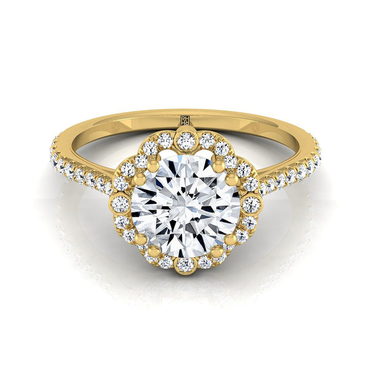 Round Brilliant, Vintage Scalloped Halo, in 18K Yellow Gold, pave setting | RockHer