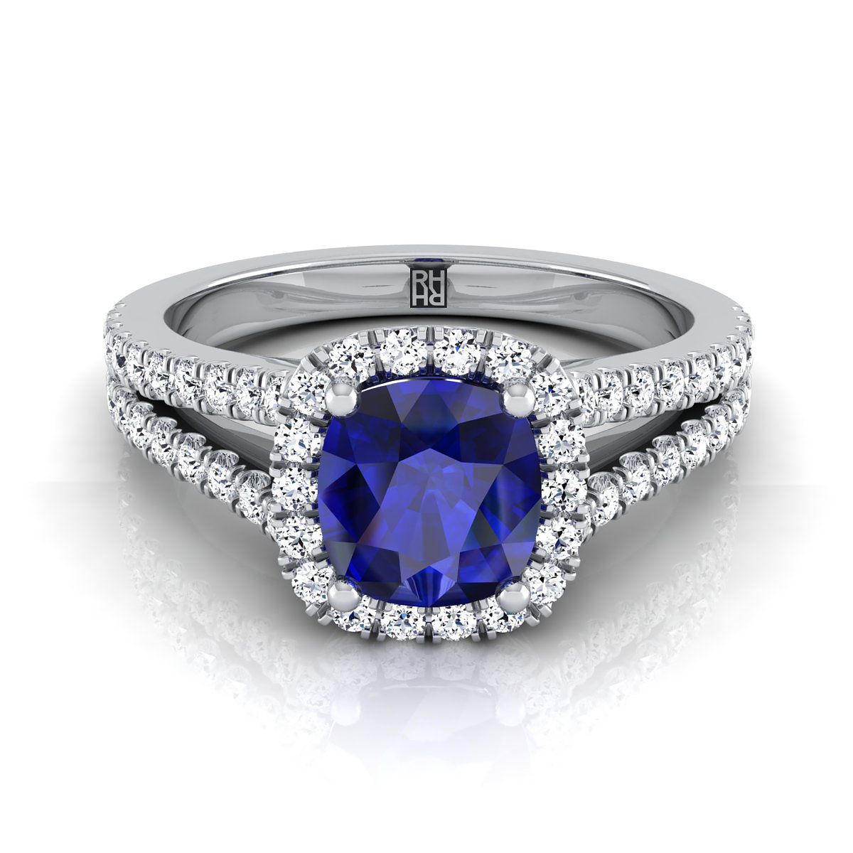 แหวนหมั้นทองคำขาว 14K ทรงหมอนประดับไพลินกลางแบบฮาโล่ พร้อมแถวเพชรฝรั่งเศสแบบแยกชิ้น - 3/8ctw