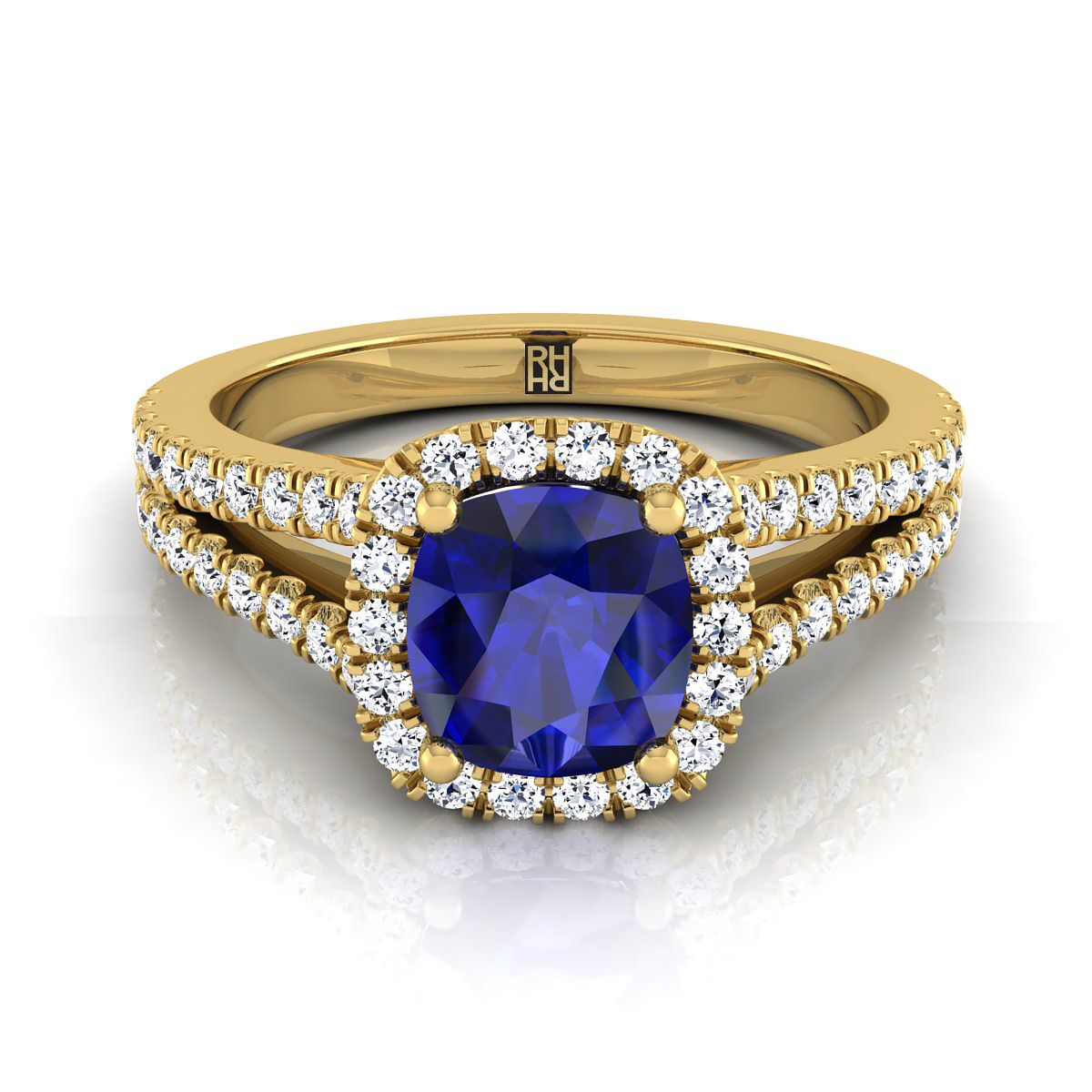 แหวนหมั้นทองคำ 14K สีเหลือง ประดับแซฟไฟร์ทรงหมอนกลางล้อมด้วยเพชรแบบฝรั่งเศสที่แยกชิ้น 3/8ctw