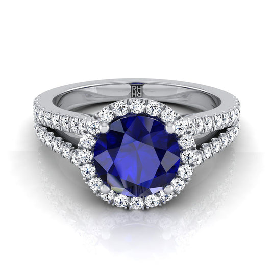 Platinum Round Brilliant Sapphire Halo Center with French Pave Split Shank Engagement Ring -3/8ctw