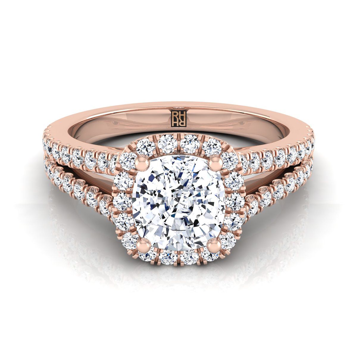 Split Shank Pavé Halo Cushion, in 14K Rose Gold, pave setting | RockHer