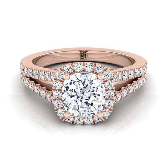 Split Shank Pavé Halo Cushion, in 14K Rose Gold, pave setting | RockHer