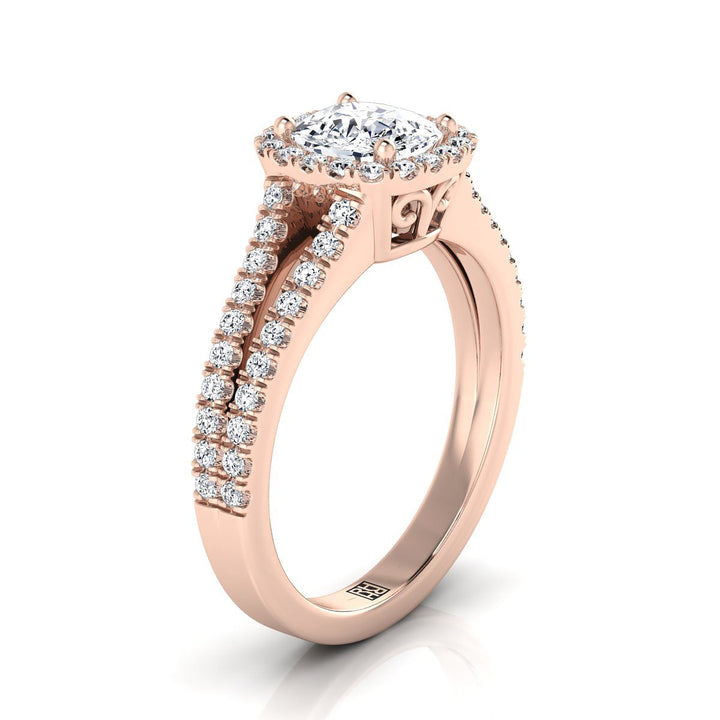 Split Shank Pavé Halo Cushion, in 14K Rose Gold, pave setting – side profile | RockHer