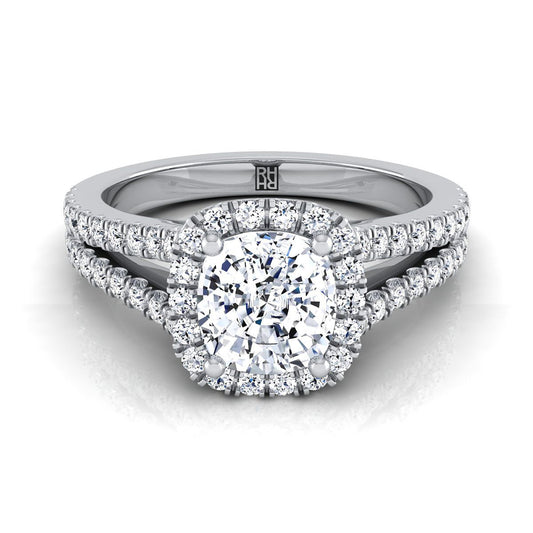 Split Shank Pavé Halo Cushion, in Platinum, pave setting | RockHer