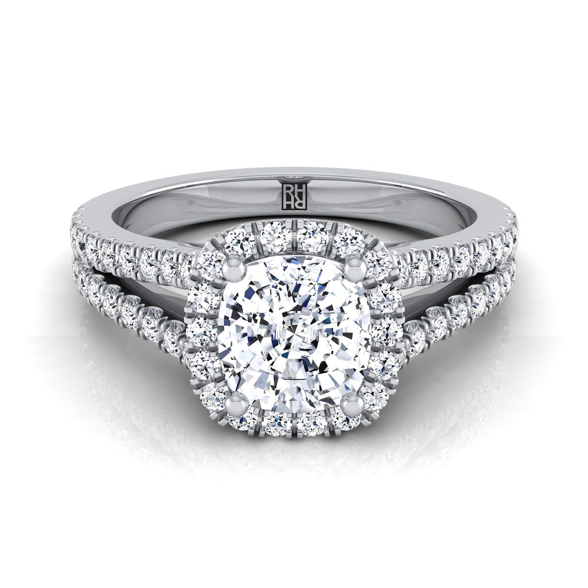 Split Shank Pavé Halo Cushion, in 18K White Gold, pave setting | RockHer