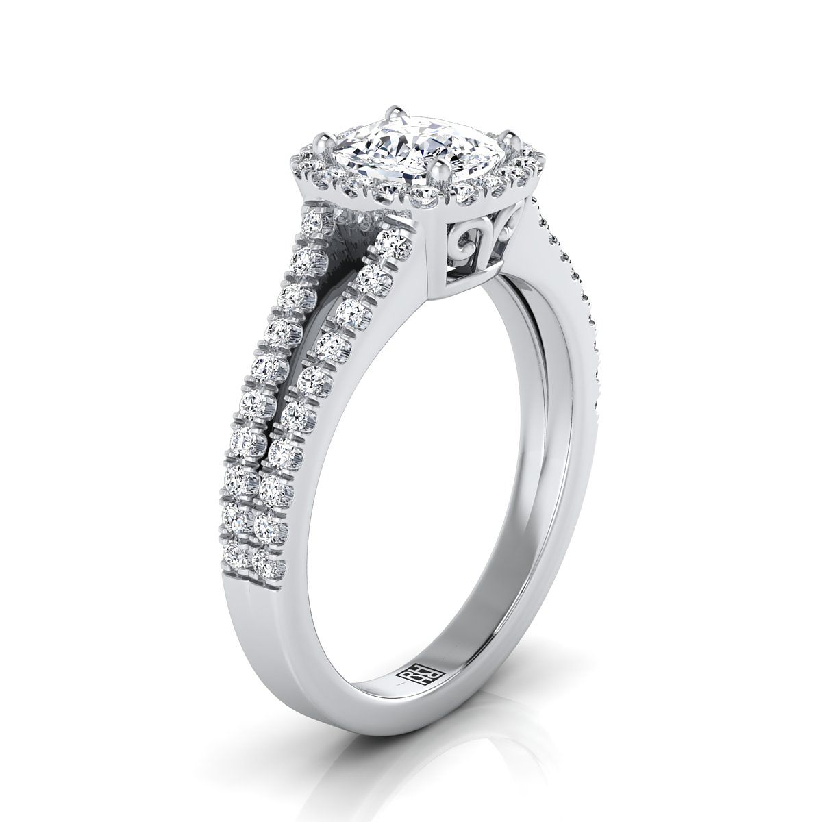 Platinum Cushion Diamond Halo Center with French Pave Split Shank Engagement Ring -3/8ctw