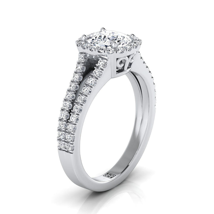 Platinum Cushion Diamond Halo Center with French Pave Split Shank Engagement Ring -3/8ctw