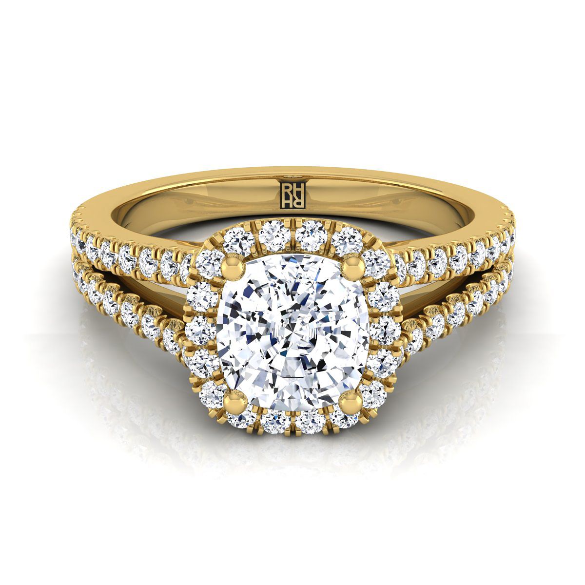 Split Shank Pavé Halo Cushion, in 18K Yellow Gold, pave setting | RockHer