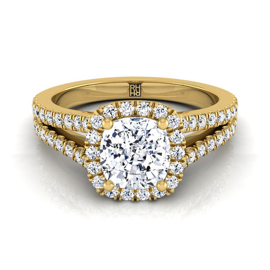 Split Shank Pavé Halo Cushion, in 18K Yellow Gold, pave setting | RockHer