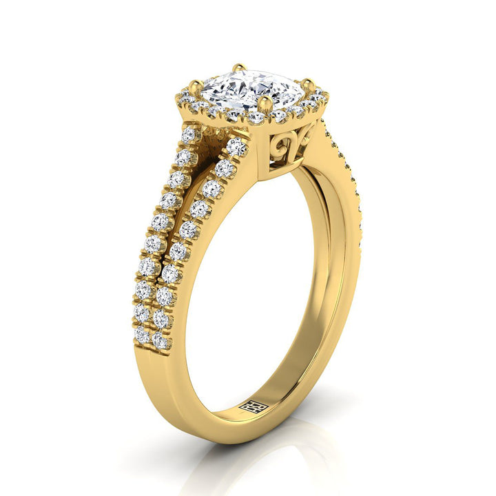 Split Shank Pavé Halo Cushion, in 18K Yellow Gold, pave setting – side profile | RockHer