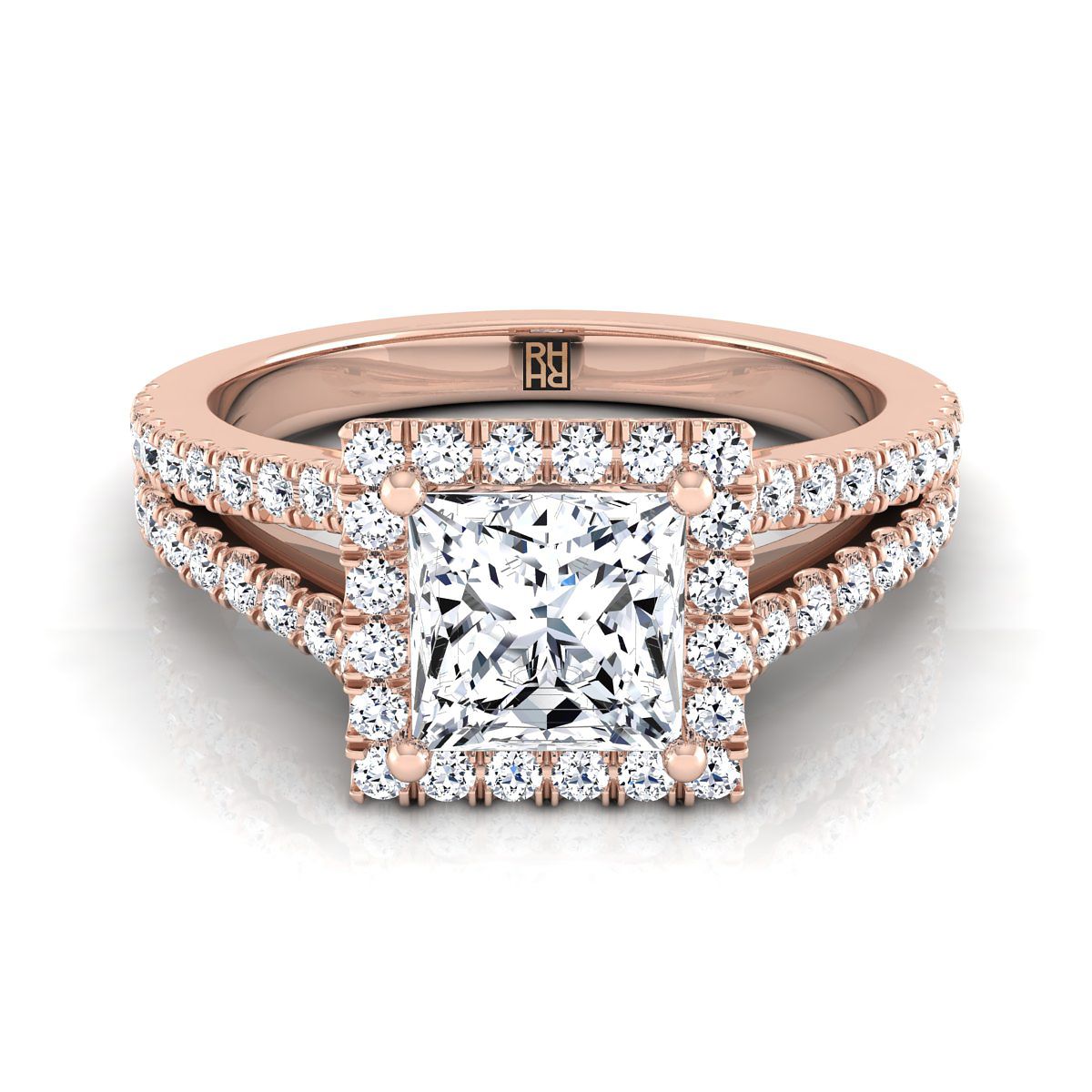 Split Shank Pavé Halo Princess, in 14K Rose Gold, pave setting | RockHer