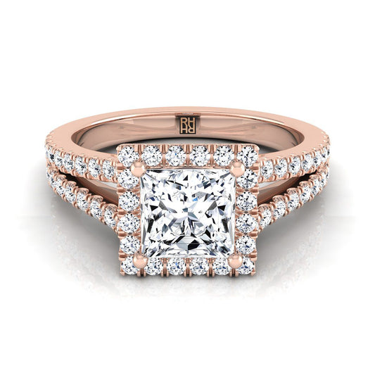 Split Shank Pavé Halo Princess, in 14K Rose Gold, pave setting | RockHer