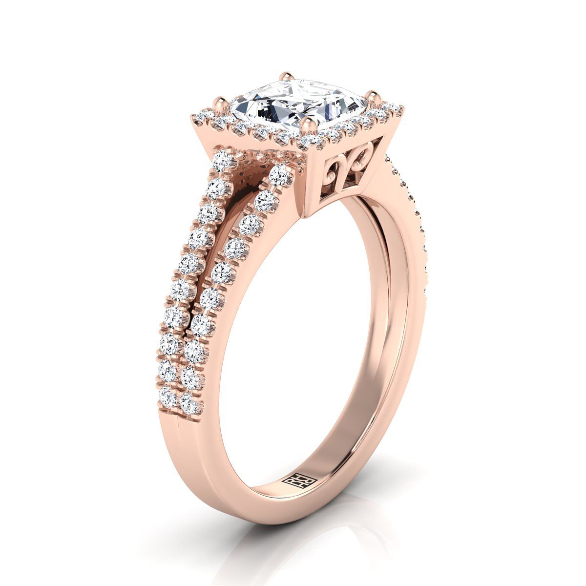 Split Shank Pavé Halo Princess, in 14K Rose Gold, pave setting – side profile | RockHer