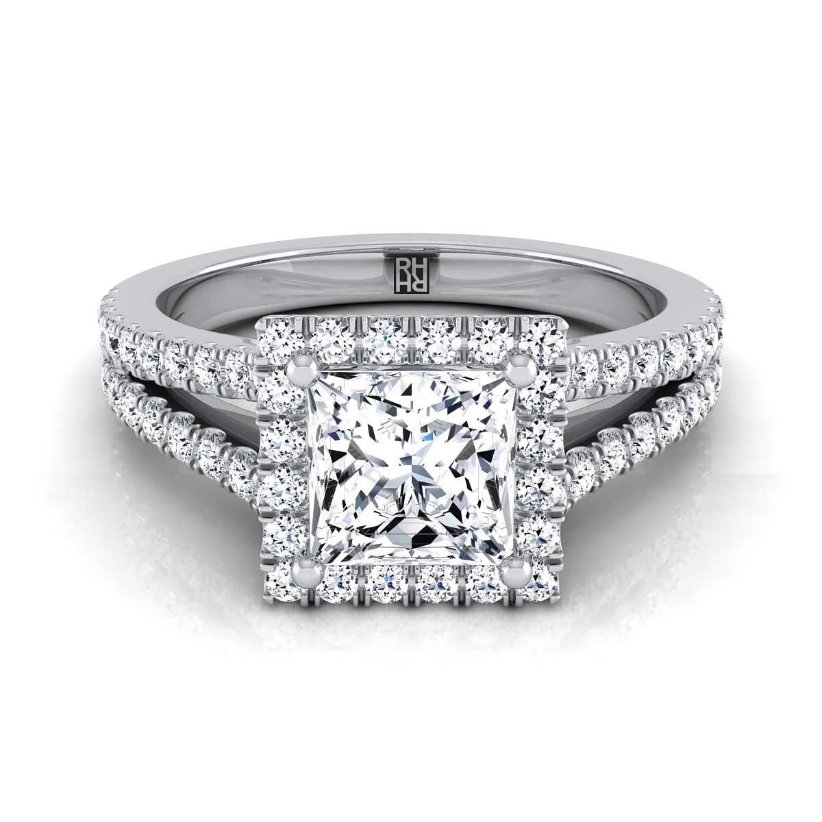 Split Shank Pavé Halo Princess, in Platinum, pave setting | RockHer