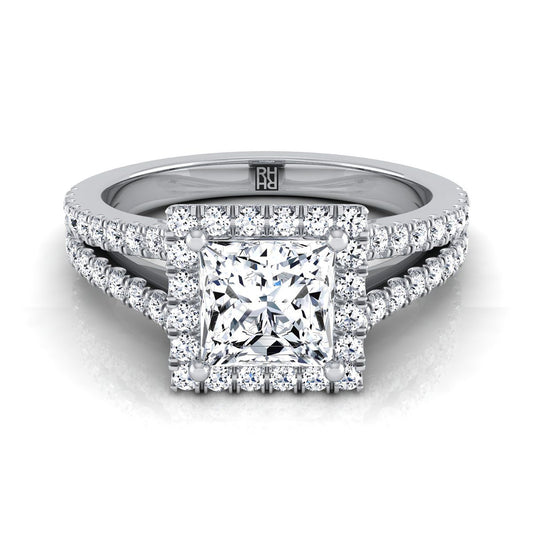 Split Shank Pavé Halo Princess, in 18K White Gold, pave setting | RockHer