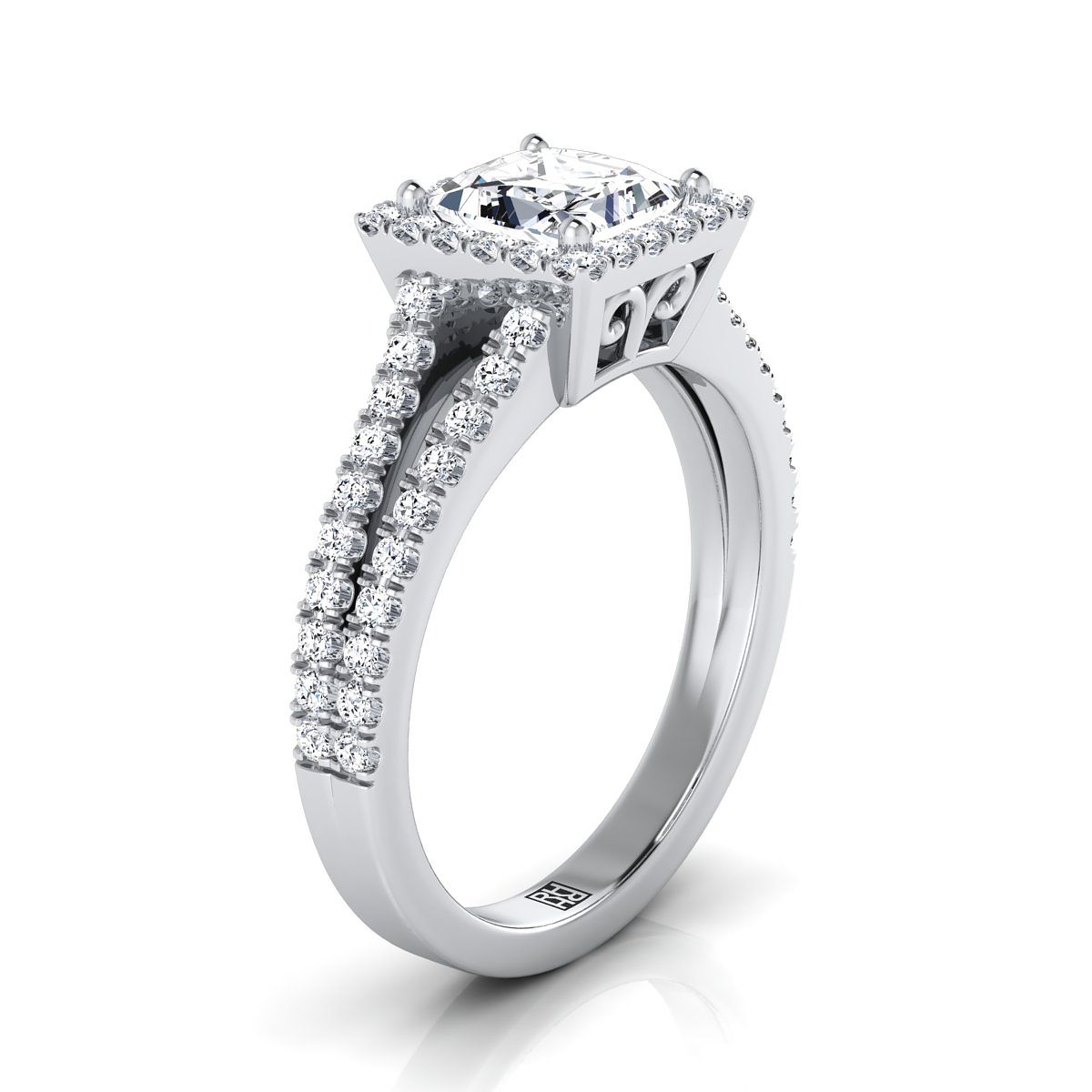 Platinum Princess Cut Diamond Halo Center with French Pave Split Shank Engagement Ring -3/8ctw