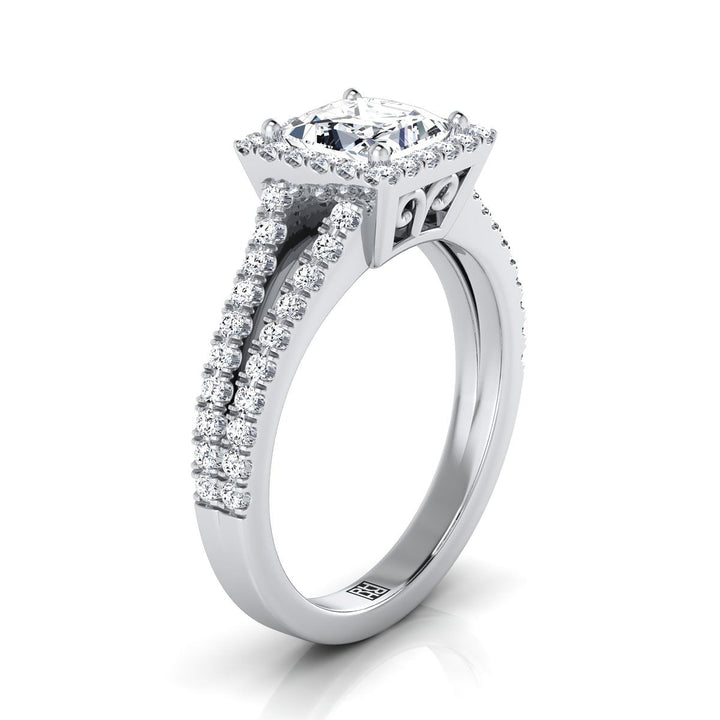 Platinum Princess Cut Diamond Halo Center with French Pave Split Shank Engagement Ring -3/8ctw