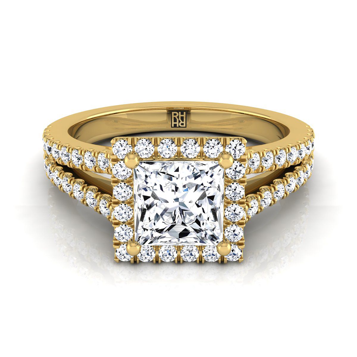Split Shank Pavé Halo Princess, in 18K Yellow Gold, pave setting | RockHer
