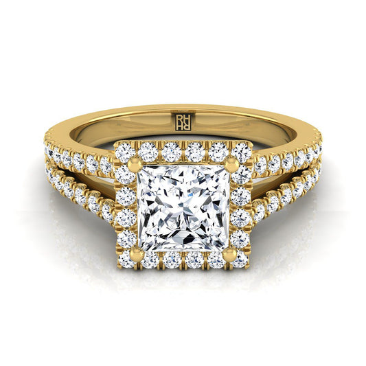 แหวนหมั้นทองคำเหลือง 14K ประดับเพชรทรงเจ้าหญิงแบบฮาโลกลาง พร้อมชิ้นแยกแบบฝรั่งเศสประดับเพชร 3/8 กะรัต