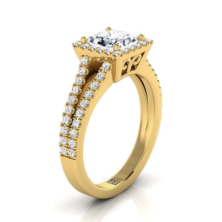 Split Shank Pavé Halo Princess, in 18K Yellow Gold, pave setting – side profile | RockHer
