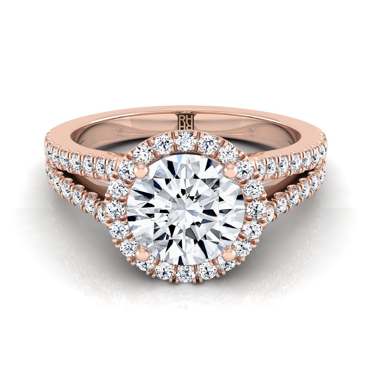 Round Brilliant, Split Shank Pavé Halo Round, in 14K Rose Gold | RockHer